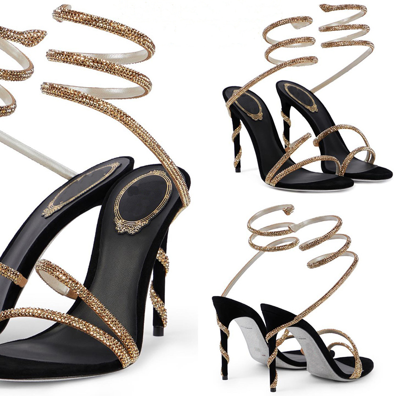 

rhinestone sandals for womens Rene caovilla Cleo Crystal studded Snake Strass Ankle Wraparound high heeled shoes Designers 9.5cm stiletto Heel Rome sandal 4-12, Black
