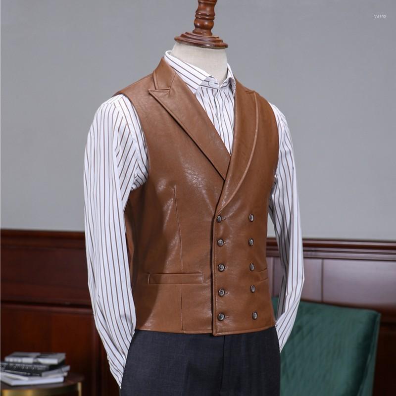 

Double Retro Mens Breasted Pu Leather Vest Slim Fit Waistcoat Casual Sleeveless Jacket Vintage Gilet Homme Streetwear Tops Vests Men's, Coffee