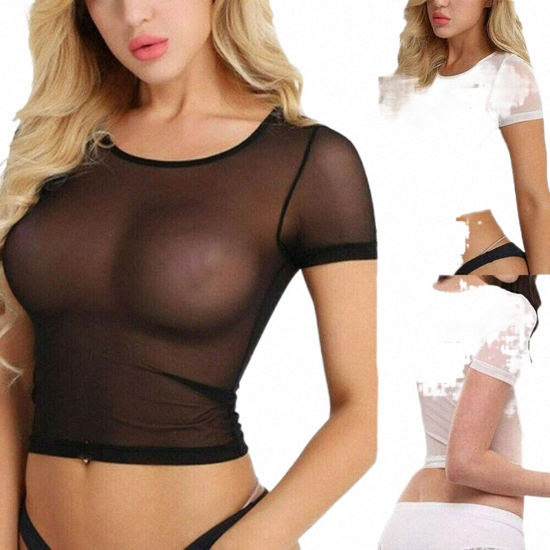 bras Sets Women Sexy Sheer Mesh See-Through Short Sleeve Tops Crop Slim T Shirt Blouse Exotic Apparel Clothing e22x#-image-794428505