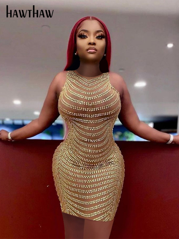 

Hawthaw Women Fashion Party Club Bodycon Mesh See Through Rhinestone Mini Dress 2022 Summer Clothes Wholesale Items For Business, Yellow