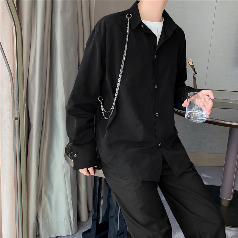 

Men's Casual Shirts Chain Pendant Men Long Sleeve Shirt Male Streetwear Japan Korea Fashion Hip Hop Loose Black White, White;black