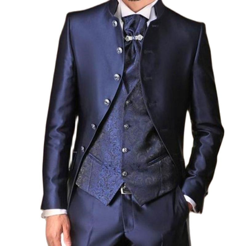 

Men's Suits & Blazers Shiny Satin Navy Blue Elegant Men Coat 3Pcs Jacket Pants Patterned Vest Male Stand-up Collar Blazer Trousers Wedding P, Multi