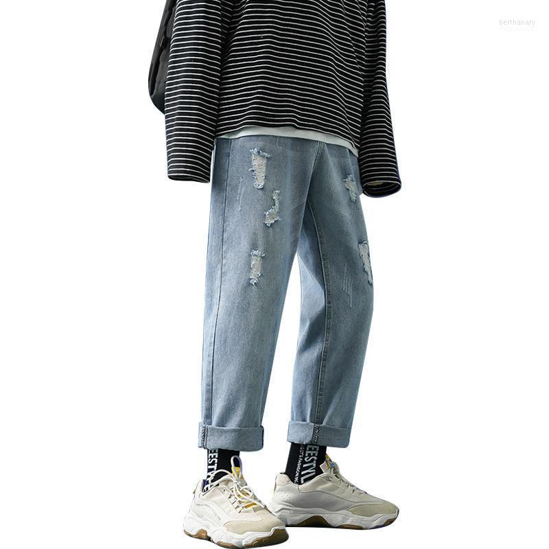 

Men's Jeans Summer Loose Fit For Mens Streetwear Korean Designer Regular Distressed Denim Homme Pants Hip Hop Hole Trousers Bert22, 052 light blue