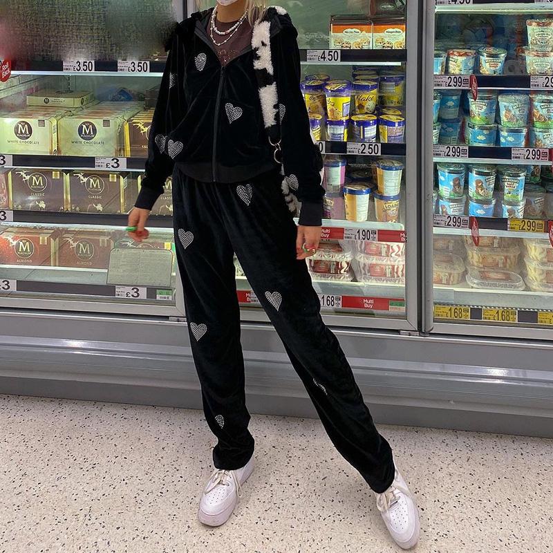 

Women' Hoodies & Sweatshirts Streetwear Rhinestone 2 Piece Tracksuits Y2K Oversized Zippper Cardiagns Sweatpants Set Pants Grunge Punk Size, Black