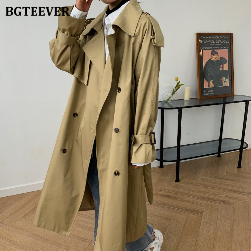 

Vintage Double Breasted Belted Women Long Trench Coats Spring Loose Turn-down Collar Female Windbreaker Ladies Outwear, Coffee