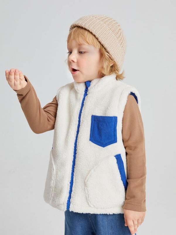 

Toddler Boys Color Block Patched Pocket Teddy Vest Jacket SHE, Beige