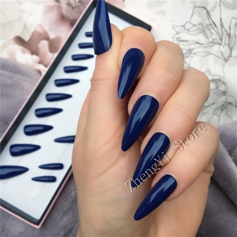 

False Nails Dark Blue Tapered Press On Almond Stiletto Midi With Glue Sticker Glossy Faux Ongles Artificial Nepnagels Tips Prud22, 12-b