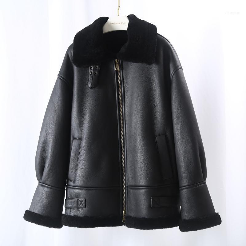 

Women' Leather & Faux OFTBUY 2022 Double Faced Fur Real Coat Winter Jacket Women Man Genuine Natural Merino Sheep Outerwear Locomotive, Black