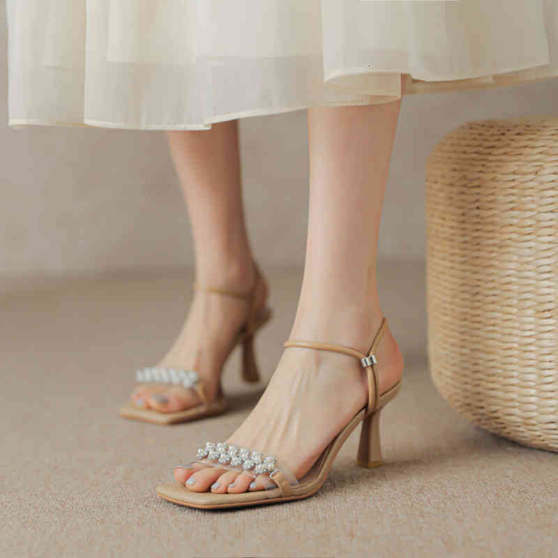 

Sandals Women with shoes in one line pearl square head open toes elegant foot covering ankle tripping thin heels small high-heeled shoes 0FNZ, 1# shoe box