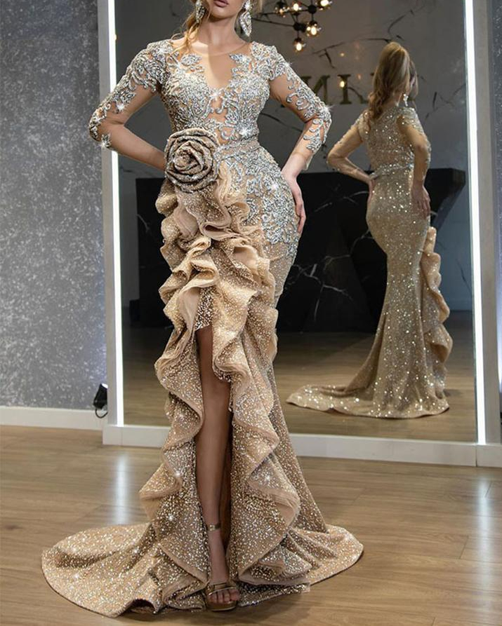 

Evening Dresses Plus Size Gold Sequins Mermaid Prom Dresses Elegant Long Sleeves Gowns Off Shoulder Women High Split Formal Dress, Same as picture