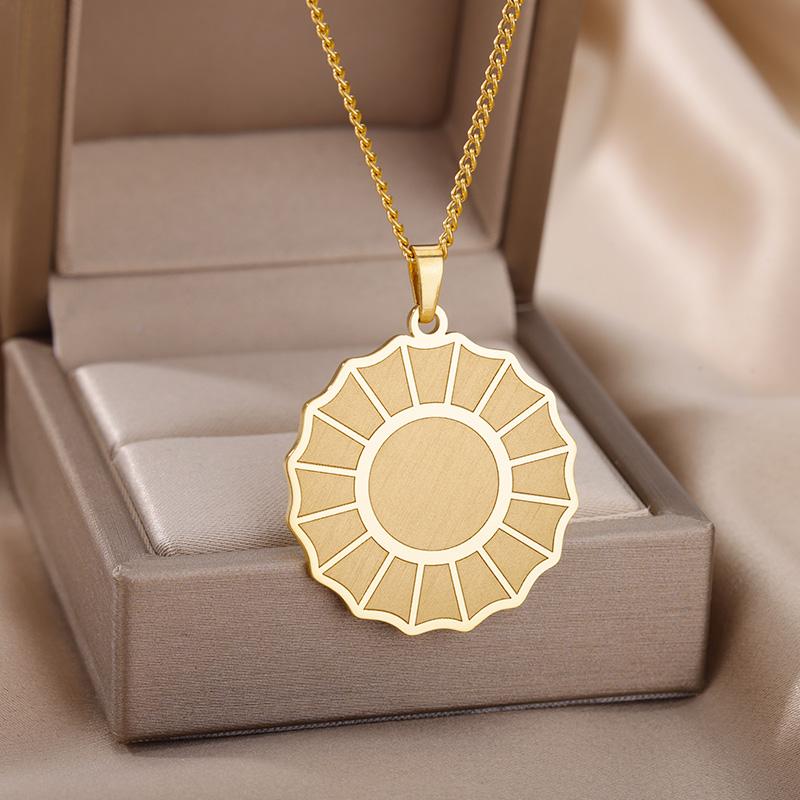 

Chains Geometric Flat Sun Pendant Necklaces For Women Stainless Steel Cuban Chain Choker Charm Engraved Necklace Jewelry Gift 2022Chains
