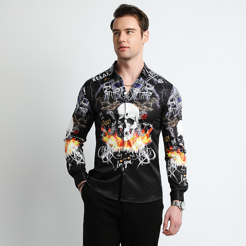 Men's Skull Print Casual Shirt Long Sleeve Fashion P Hip Hop Punk Motorcycle Style Male Lapel Shirt High Quality Mens Clothing Four Seasons