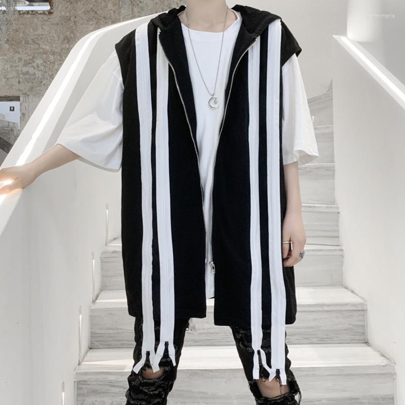 

Men's Vests Owen Men Jackets Cotton Vest Gothic High Street Clothing Hooded Patchwork Oversize Punk Japan Style Coat 2022SS Kare22, Black