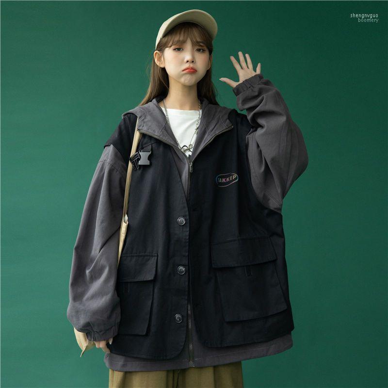 

Women's Jackets Fake Two Techwear For Men Women 2022 Korean Hip Hop Loose Spring Autumn Preppy Trend Vintage Punk Cargo Hoody Coats, Dark gray