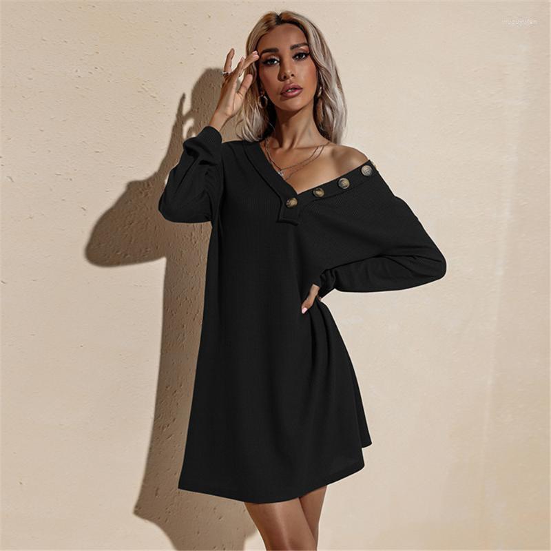

Casual Dresses Autumn Women Classic Solid Color Knitted Mini Dress Long Sleeve V-Neck Loose Vestidos With Buttons High Quality