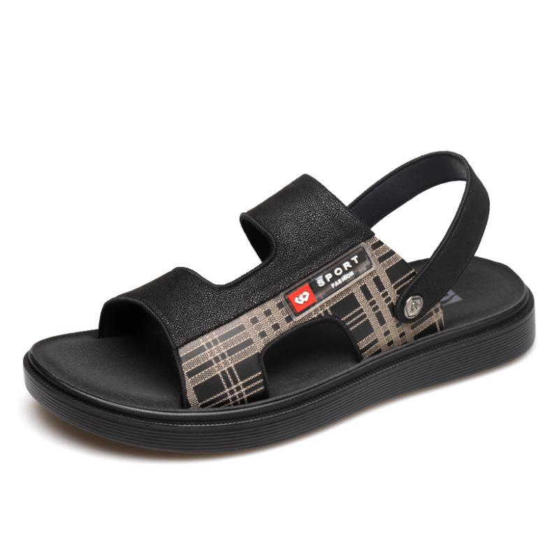 

Sandals For Men Summer Seaside Outdoor Man Shoes Soft-soled Plaid Beach Footwear Fashion Two-wear Latex Sole Leather Sandles, Black