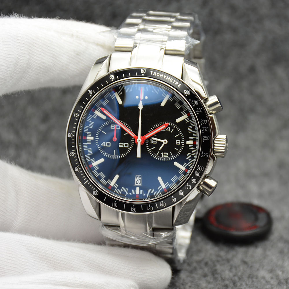 

High Grade 44MM Quartz Chronograph Mens Watches Red Hands Stainless Steel Bracelet Fixed Bezel With A Top Ring Showing Tachymeter Markings, 13