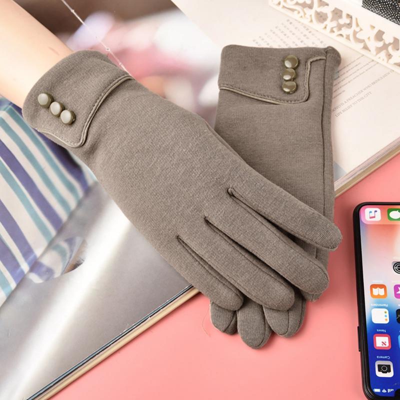 

Five Fingers Gloves Ladies Elegant Winter Pure Color Warm Fashion Women's Keep Cuff Soft Lining Button Decoration