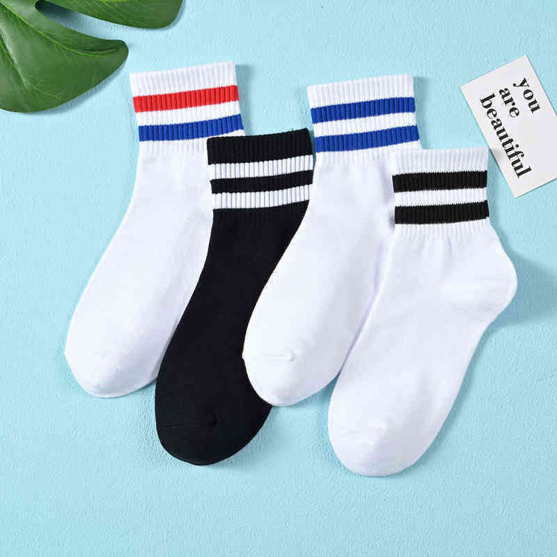 

Cotton casual sports tube socks summer Stripe Men's and women's couple socks college style two bars black and white versatile trend, White + black parallel bars