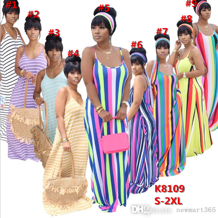

Women Dresses Designer Slim Sexy Colourful Horizontal And Vertical Stripe Color Printing dress Loose Casual Suspender Skirt With Headscarf, Black pink blue