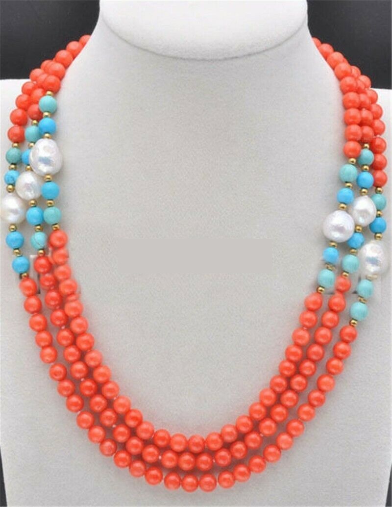 

Round 6mm Pink Coral Blue Turquoise Gems &White Keshi Pearl Necklace 36-72 Inch