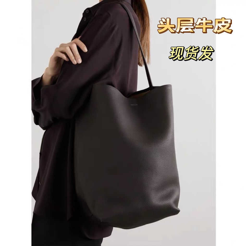 

New product niche the rows leather large capacity one shoulder large tot top coat cow leather litchi pattern Bucket Bag, Black leather small