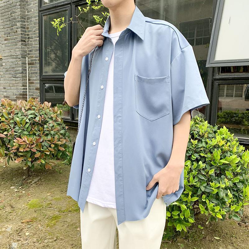 

Summer Short-sleeved Shirt Men' Fashion Solid Color Loose Casual Men Streetwear Korean Society Mens Dress -2XL Shirts, Black