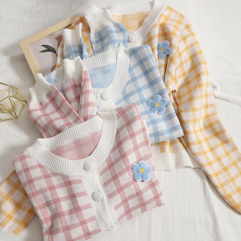 

Women's Knits & Tees Ins Sweet Plaid Sweater Mujer Women Slim Korean Fashion Knitted Casual Crop Top Autumn Winter Cardigans Coat Pull Femme, White