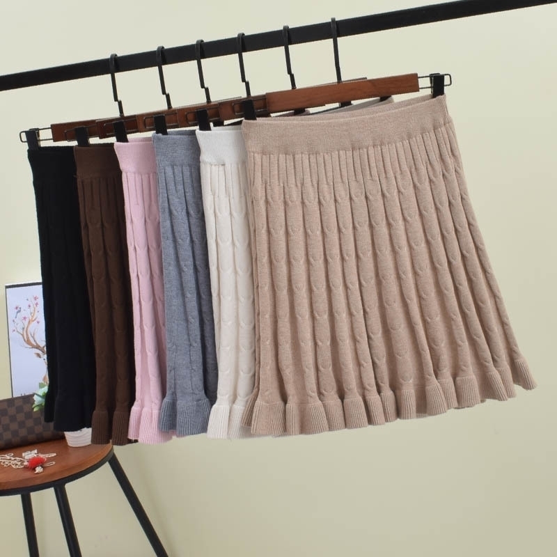 

Women Knitted Skirt Autumn Winter Solid Elastic High Waist Short skirts Umbrella Pleated Skirt Female Mini Ruffle Skirt Y200326, Apricot