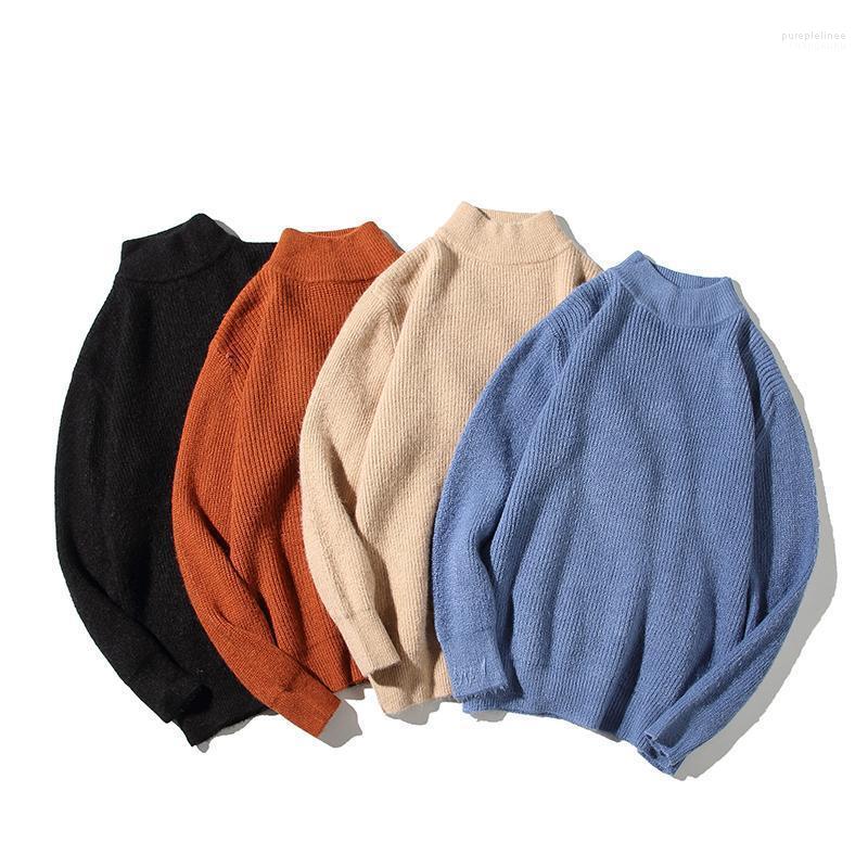 

Men's Sweaters Men 's Knitwear Mock Neck Sweater -fitting Casual Round-neck Solid Color Long Sleeve Loose 2022 Autumn And Winter, Khaki