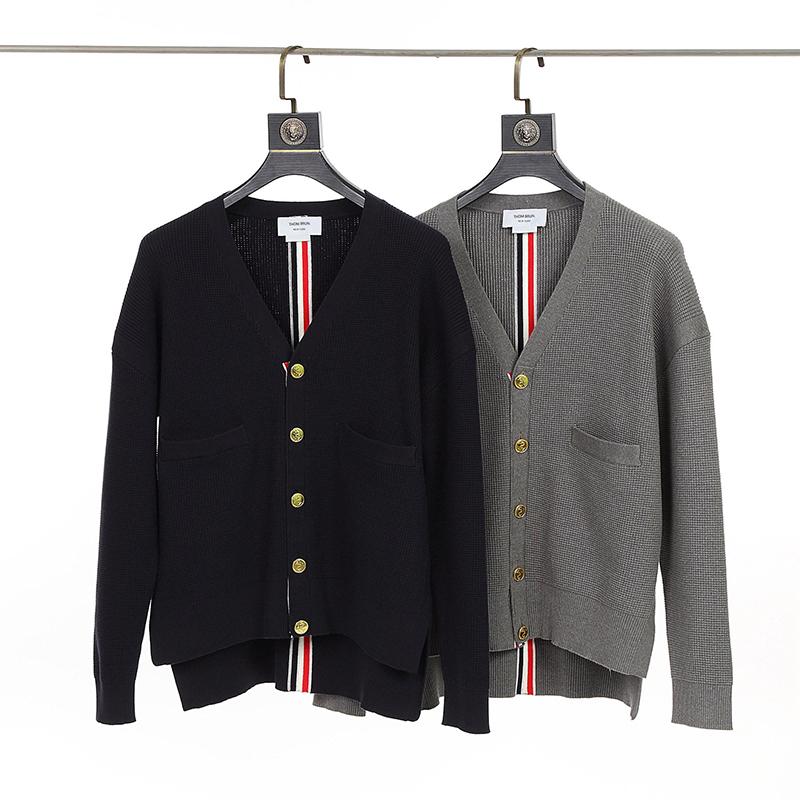 

Women' Knits & Tees Wool Cardigan Women Chic Vintage Classic Red White Blue Striped Waffle Female Sweater V-Neck Loose Long Sleeves Jacket, Gray