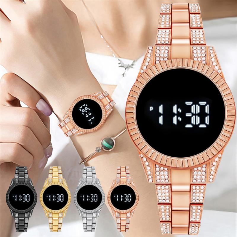 

Wristwatches Ladies Steel Band Diamond Touch Screen LED Electronic Watch Women's Fashion Multifunctional WatchWristwatches, Gold