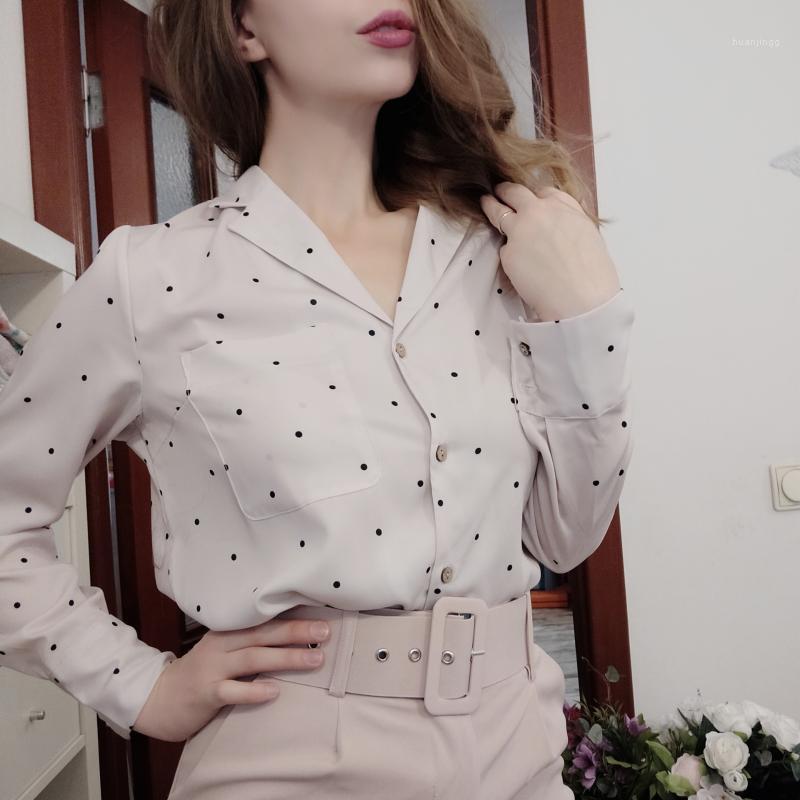 

Women' Blouses & Shirts Loose Casual For Wome Turn Down Collar Long Sleeve Polka Dot Pockets Vintage Blouse 2022 Office Lady Elegant Tops, As picture