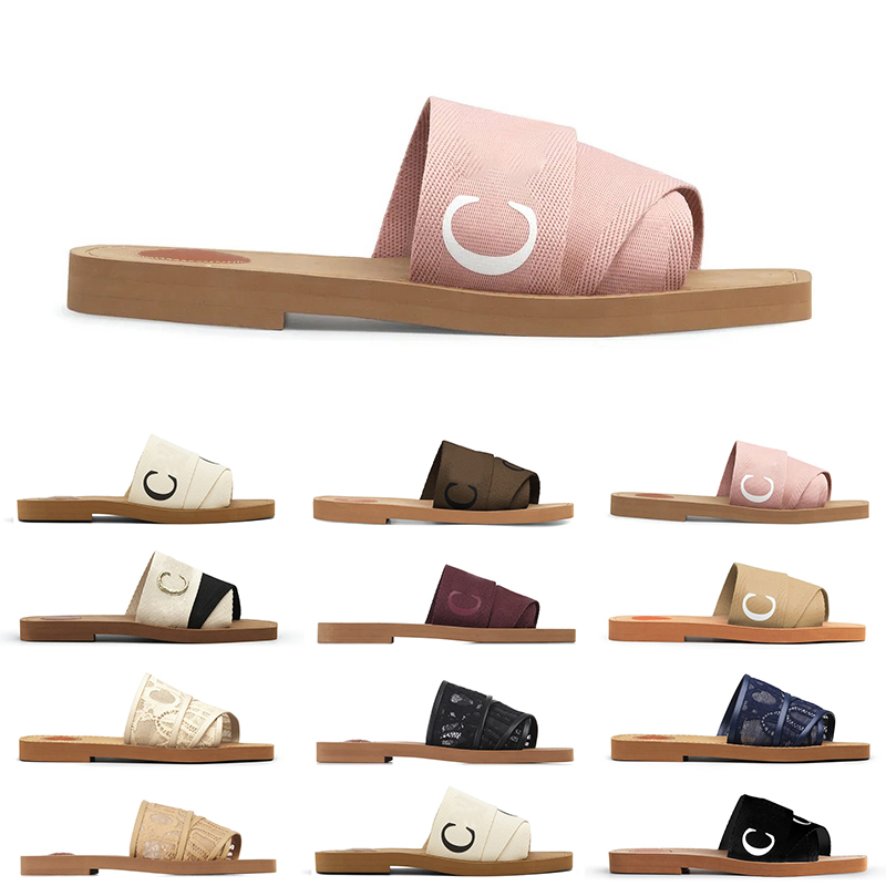 

Luxury Designer Women Slippers Woody flat mule in canvas Pink Summer Rubber Sandals Beach Sliders Cross Woven Outdoor Peep Toe chloe Woody Casual Shoes, Box