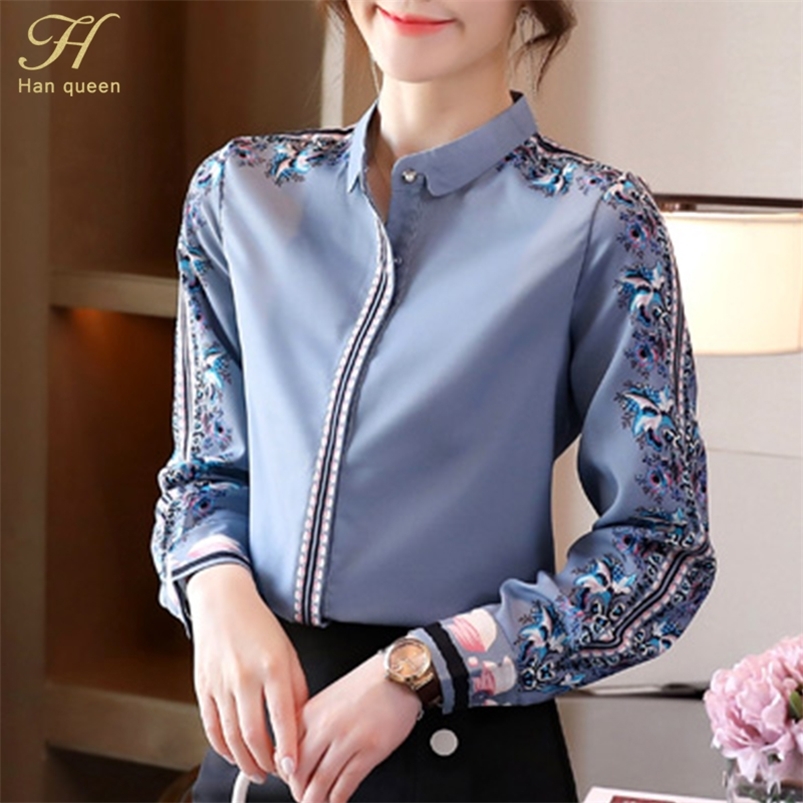 

H Han Queen Office Lady Blusa Vintage Print Tops Simple Elegant Chiffon Women Blouses Korean Chic Long Sleeve Casual Shirts 220813, Apricot