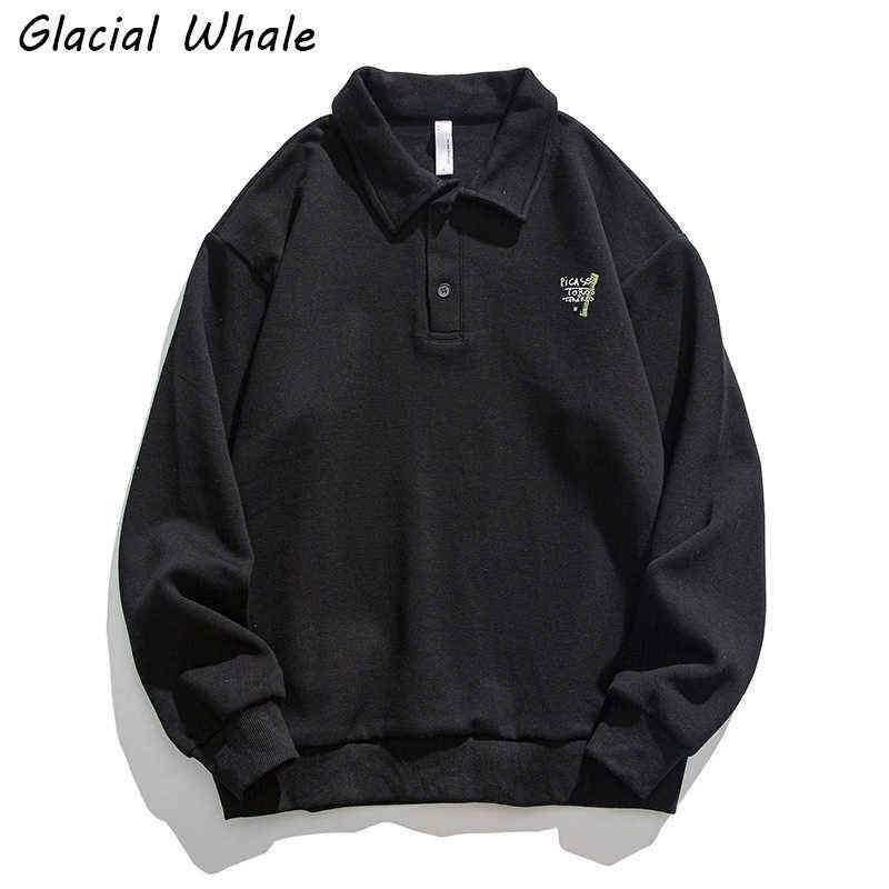 

GlacialWhale Mens Polo Collar Sweatshirt Men 2021 Solid Sweatshirts Oversized Japanese Streetwear Male Casual Black Hoodies Men T220726, White