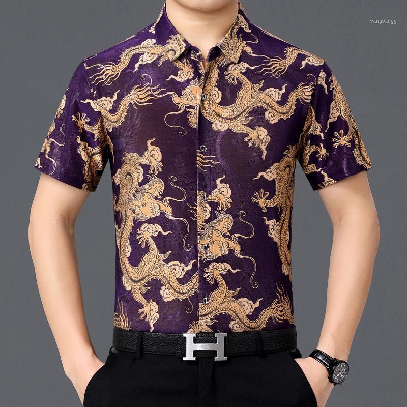 

Men's Casual Shirts Purple Ice Silk For Mens Green Hawaiian Dress With Dragon Printed Summer Cozy Clothing Large Sizes Unusual Beach Top