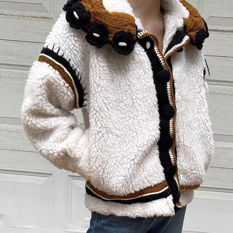 

Women' Jackets Pirate Hippie Lambswool Spliced Woman 2022 Autumn Winter Patchwork Single Breasted Coat Vintage Casual Outerwear Tops, White