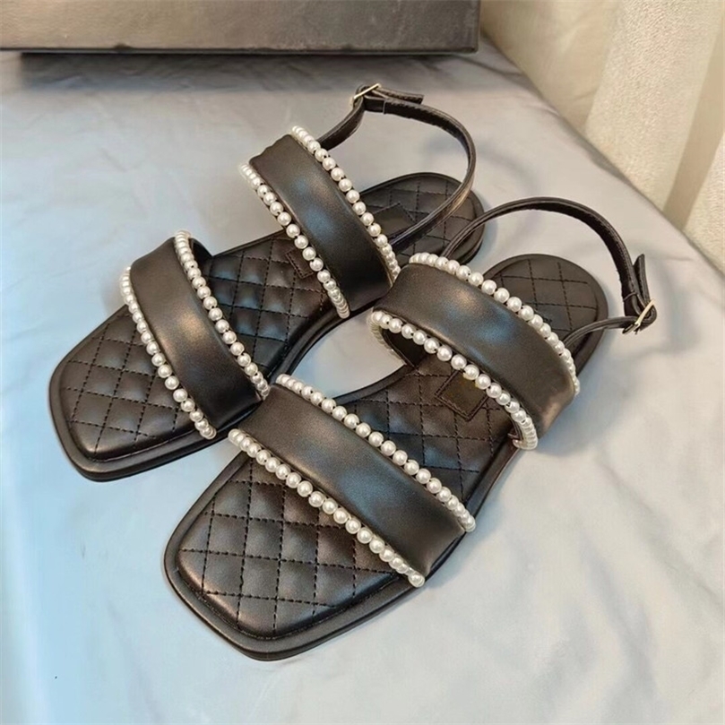

Sandal Mutiara Sutra Baru untuk Wanita Musim Panas Flat Kasual Pantai Slide Kaki Persegi Hitam Sepatu 220611, Black a