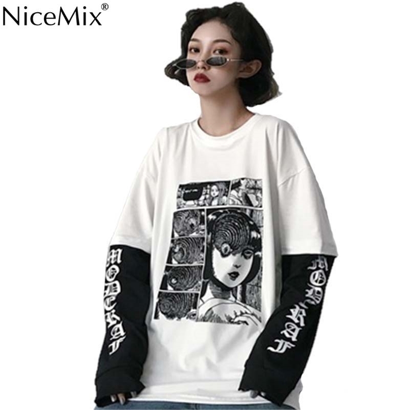 

NiceMix Harajuku T-shirt Women Fake 2 Pieces Print Japanese Fujiang Horror Comics Long Sleeve Shirt Women Vetement Femme 220407, Tw110black