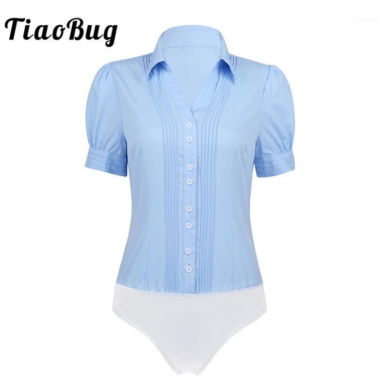 

TiaoBug Fashion Turn-down Collar Short Sleeve Ruffled Button Down Casual Career Ladies Romper Shirts Women Bodysuit Blouse Tops Women' Blou, Black