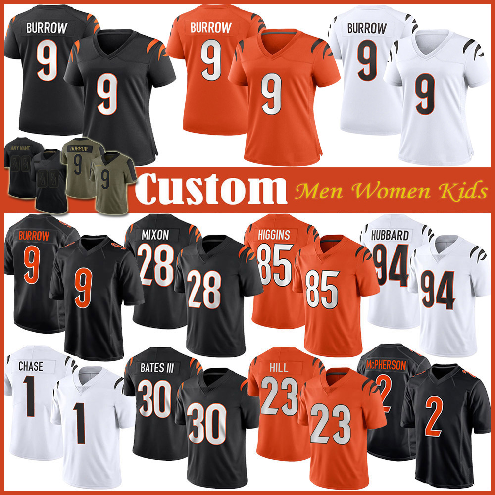 

9 Joe Burrow 28 Mixon 1 JaMarr Chase Custom Men Women Kids Football Jersey 2 Evan McPherson Tee Higgins Tyler Boyd Sam Hubbard Daxton Hill Jessie Bates III Markus Bailey, Shown