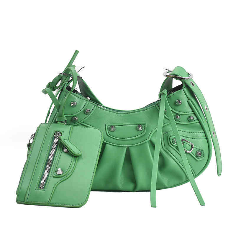 2022 Wrinkled Bag Three Locomotive Soft Leather Underarm Single Messenger Rivet Semicircle Bags Trendy Baguette Mini Shoulder Handbag Casual