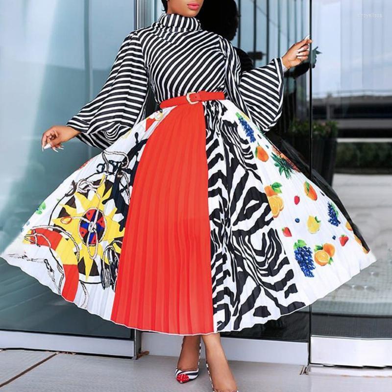 

Plus Size Dresses Long Dress Vintage Color Block Print Women Autumn Sleeve Turtleneck Office Lady Clothes Casual Maxi Pleated DressPlus Elro, Black