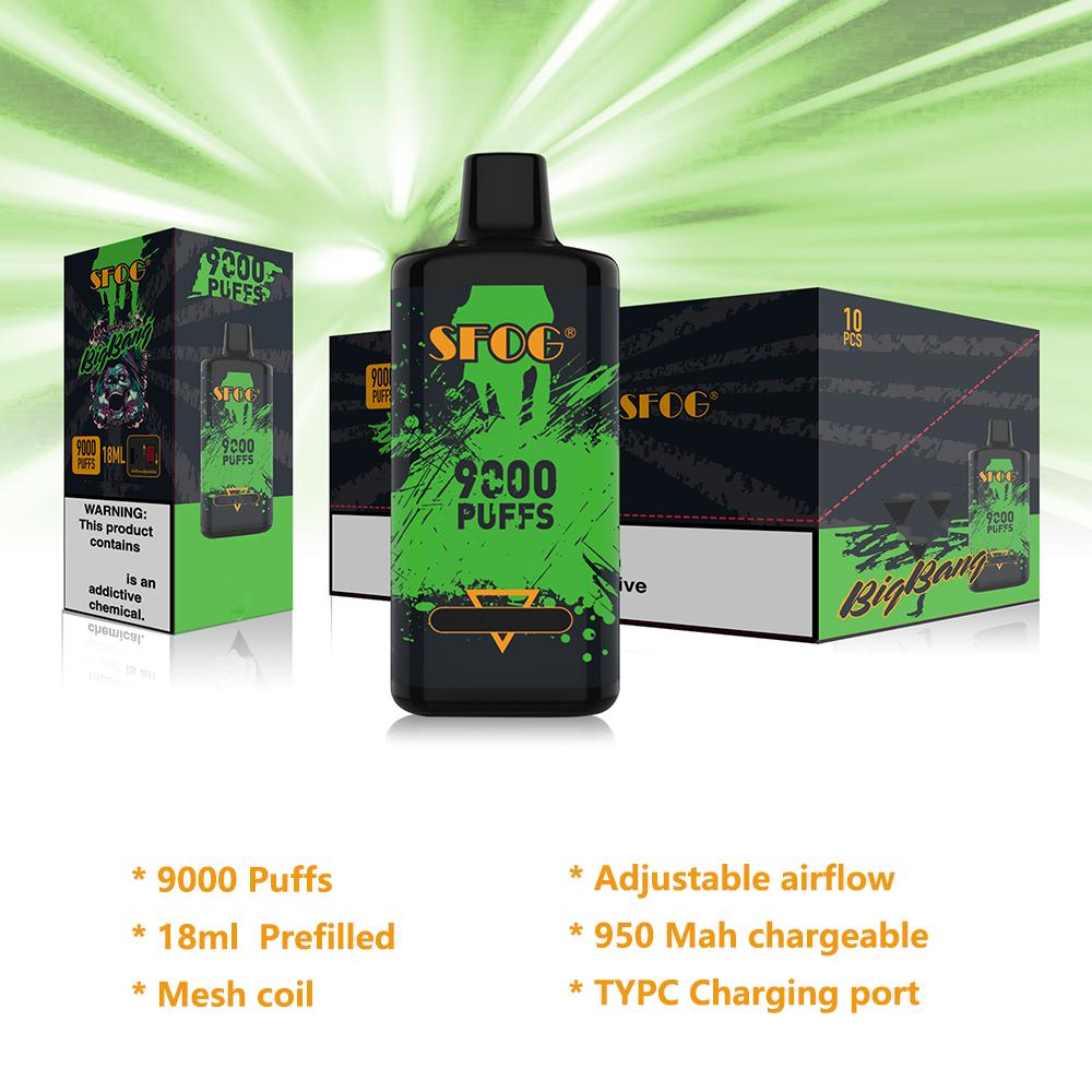 

The new SFOG big bang disposable electronic cigarette device mesh coil vapes puff bar 9000puffs Prefilled pod 18ml cartridge vape box mod rechargeable