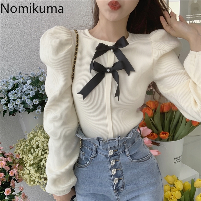 

Nomikuma Short Sweet Bowknot Women Sweater Korean Puff Long Sleeve O-neck Knitted Pullover Autumn Winter New Knitwear 6C952 210203, Pic color