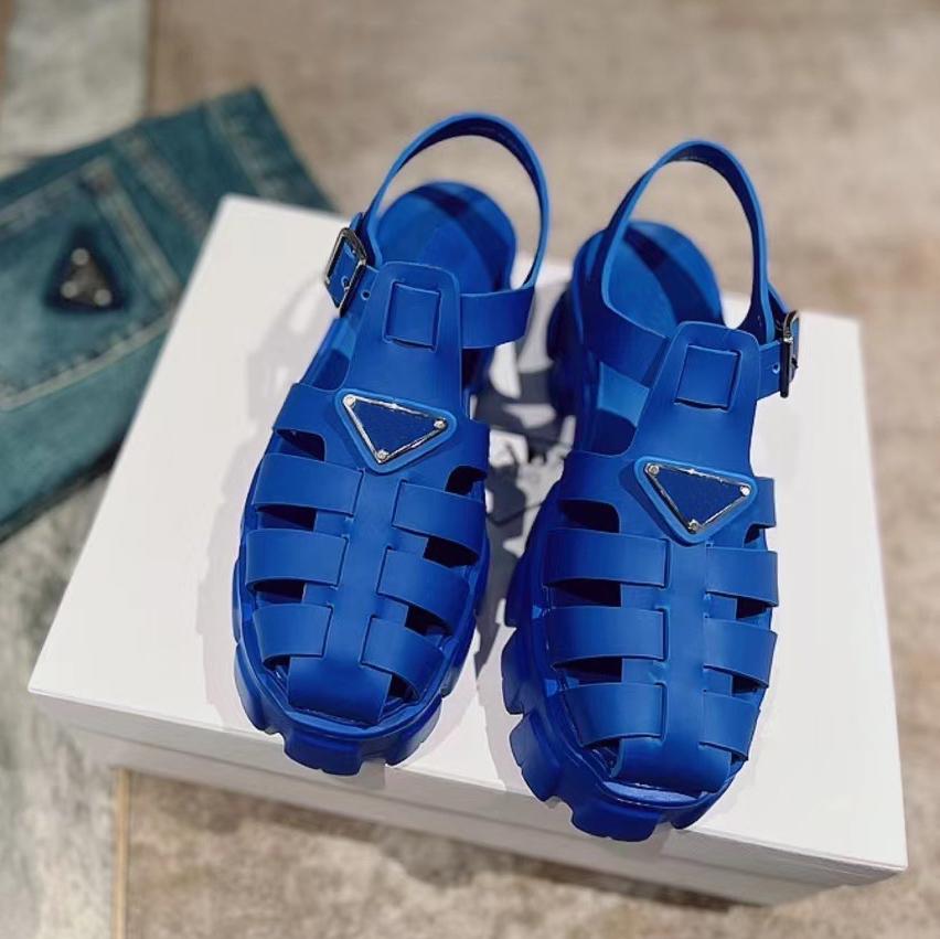 

Luxury Brand Foam rubber Sandals Women's Leather Printing Metal Buckle Platform Weave Hollow Out Triangle Logo Designer Pumps Slippers Beach Shoes size :35-40, Blue