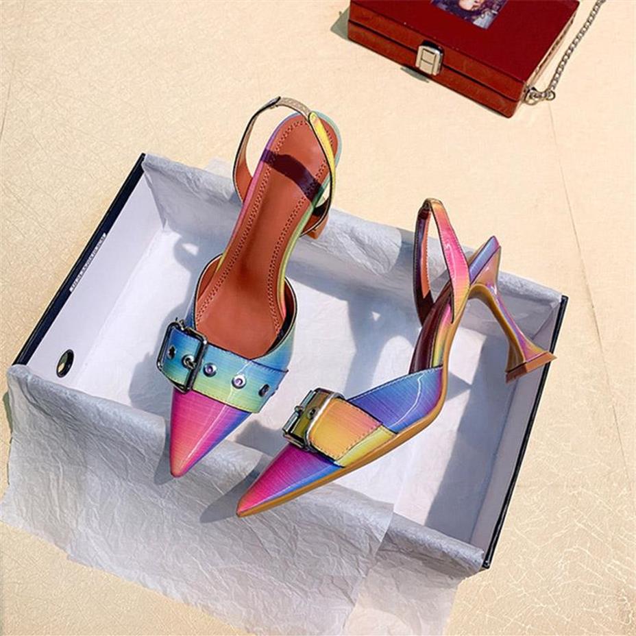 

Woman Sandals Ladies Pointed Toe Buckle Strap Fashion Shoes Thin High Heels Metal Decoration Rainbow Female Mules Summer231C