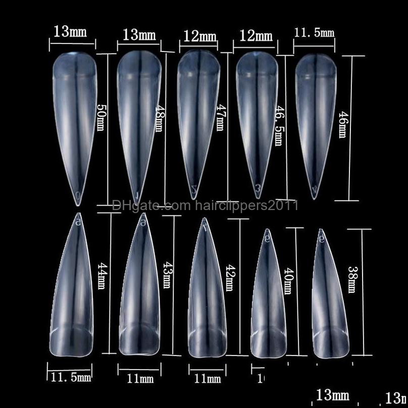 

False Nails Nail Art Salon Health Beauty 500Pcs/Bag Mixed Size French Stiletto Natural Color Transparent White Extension Extra Long Drop D