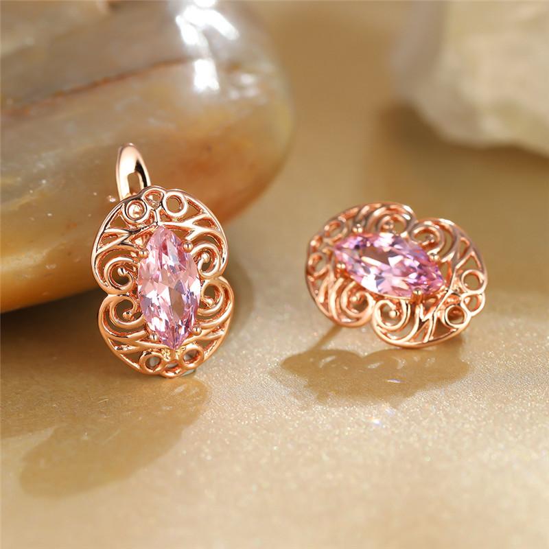 

Hoop & Huggie Elegant Pink Zircon Stone Earrings Purple Crystal Hollow Flower Vintage Rose Gold Color Wedding For WomenHoop